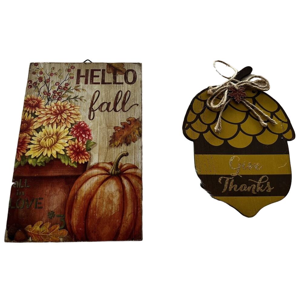 Lot Of 2 Fall Wooden Signs Wall Decor New Hello Fall Give Thanks Thanksgiving